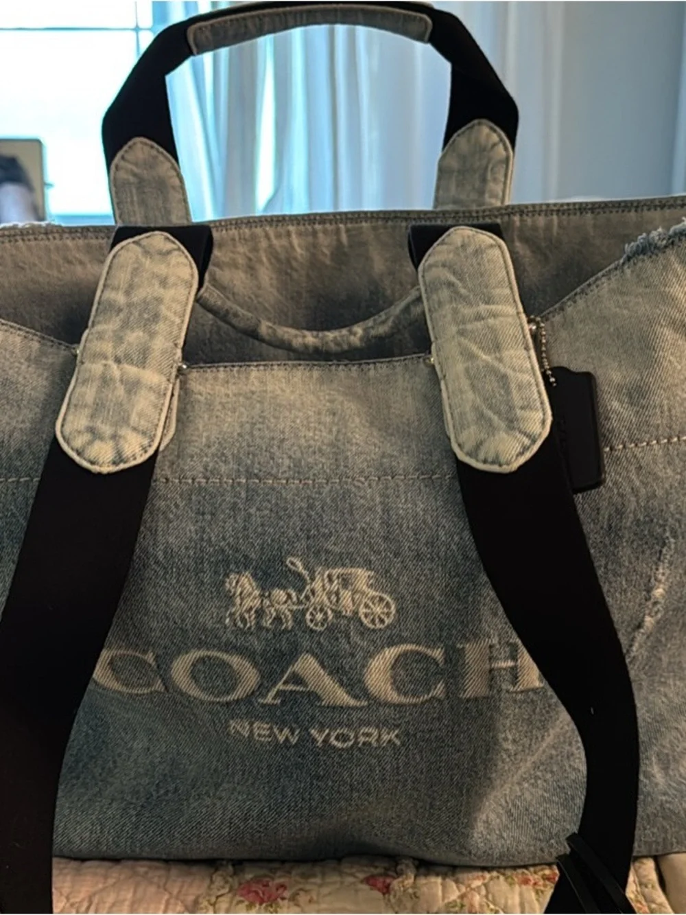 Coach Denim Duffel Bag in Light Blue with Black Trim